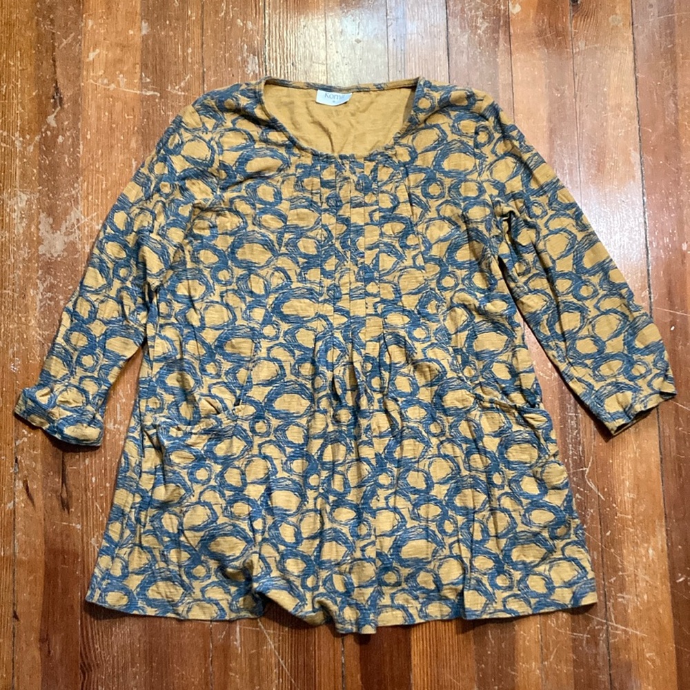 Blue and Yellow Patterned Long Sleeve tunic, size medium